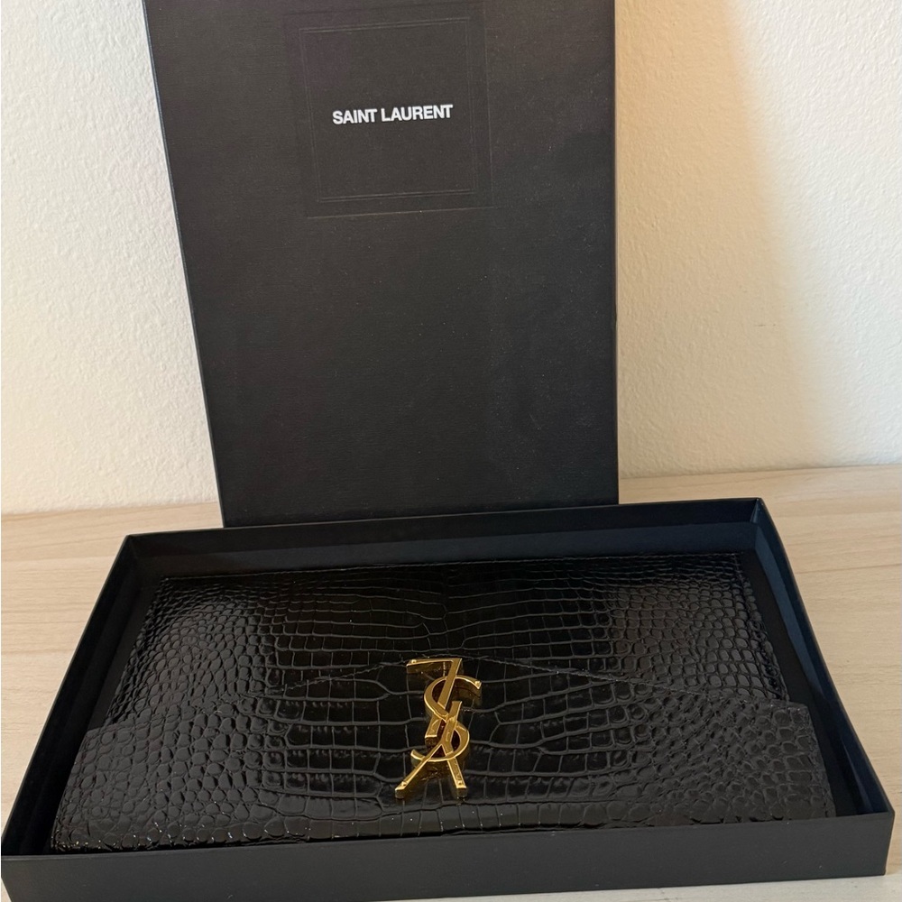 Saint Laurent Black Croc-Embossed Clutch with Gold YSL Logo